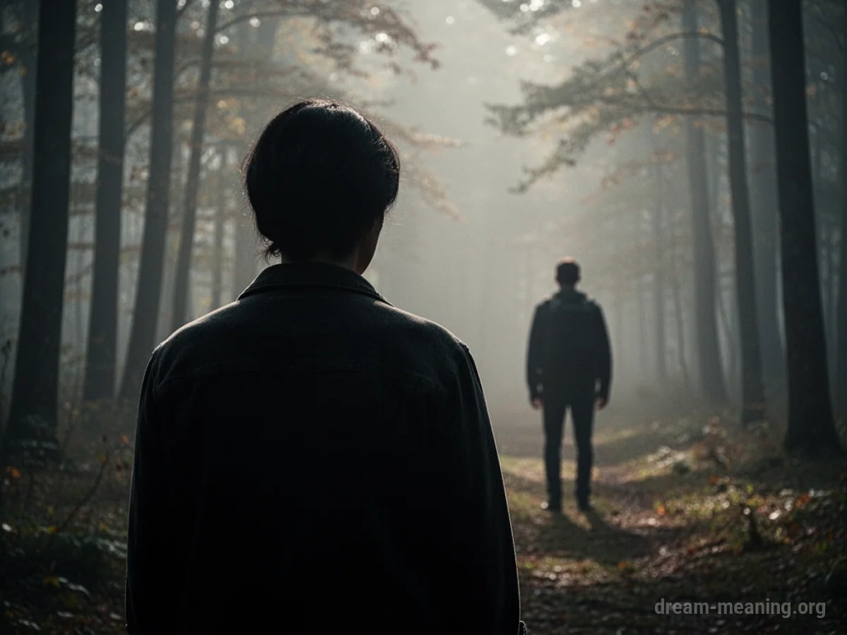 Silhouette of a person facing away from a distant figure.