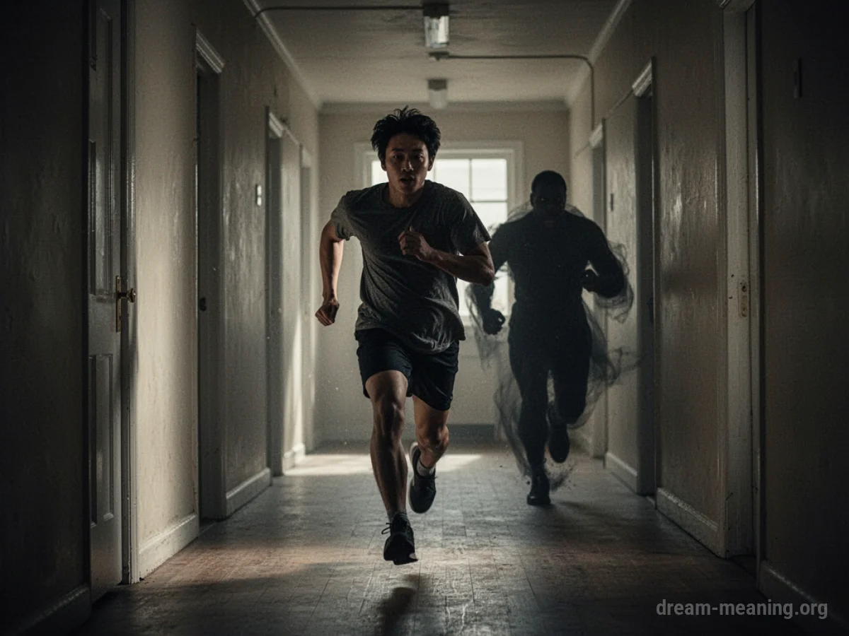 A silhouette of a person running down a dark corridor, with another figure visible in the distance behind them.
