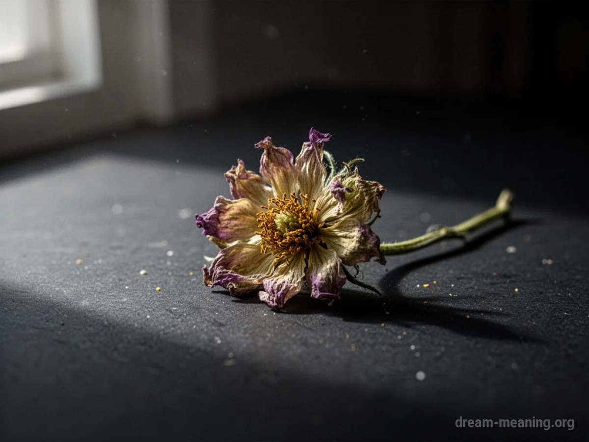 A single wilting flower rests on a dark surface.