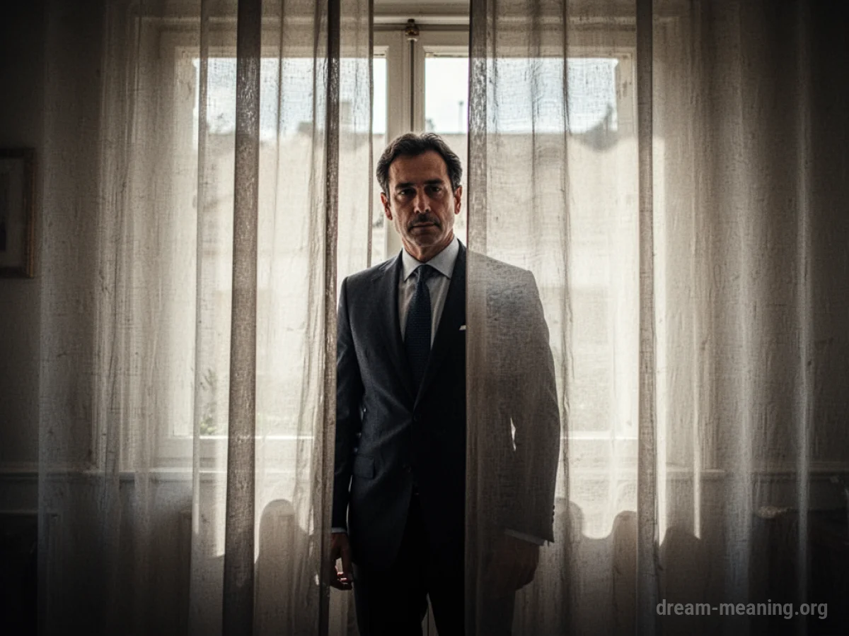 Silhouette of a man behind translucent drapes.