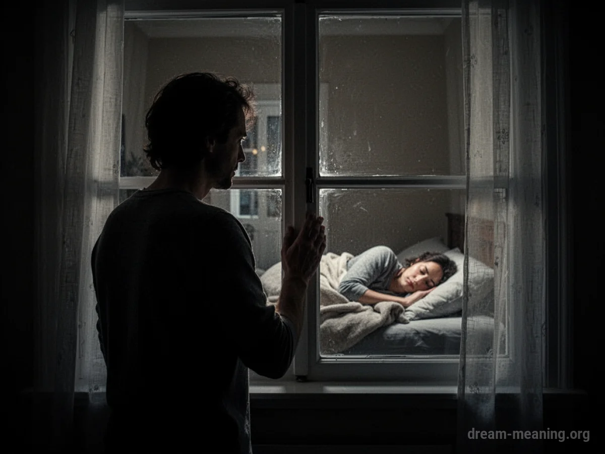 Silhouette of a person looking into a room with someone lying down.