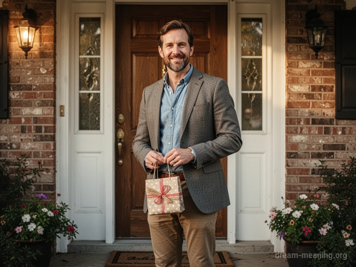 A man stands on a front porch holding a gift.