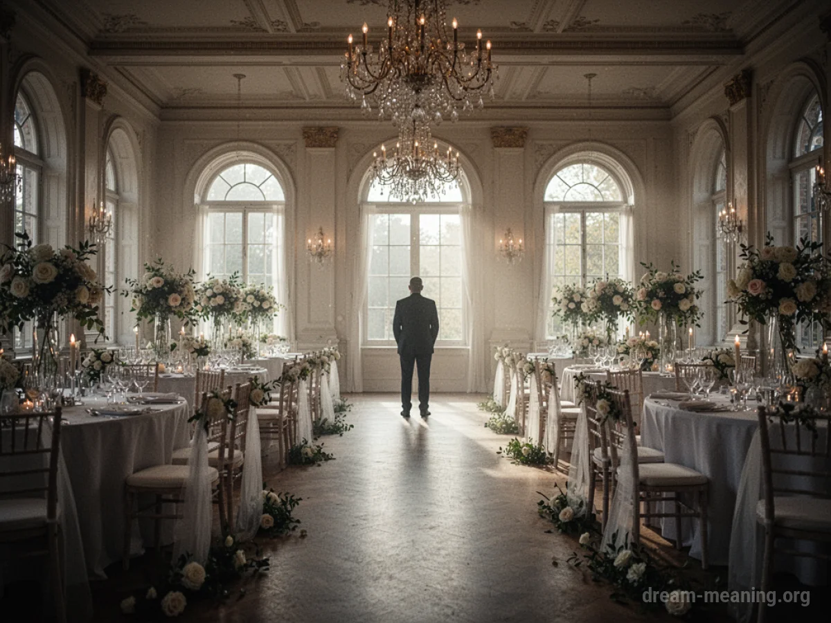 Silhouette of a man standing in a wedding reception hall.