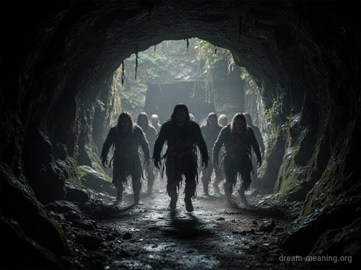 Silhouettes of indistinct figures rising from a dark hole.