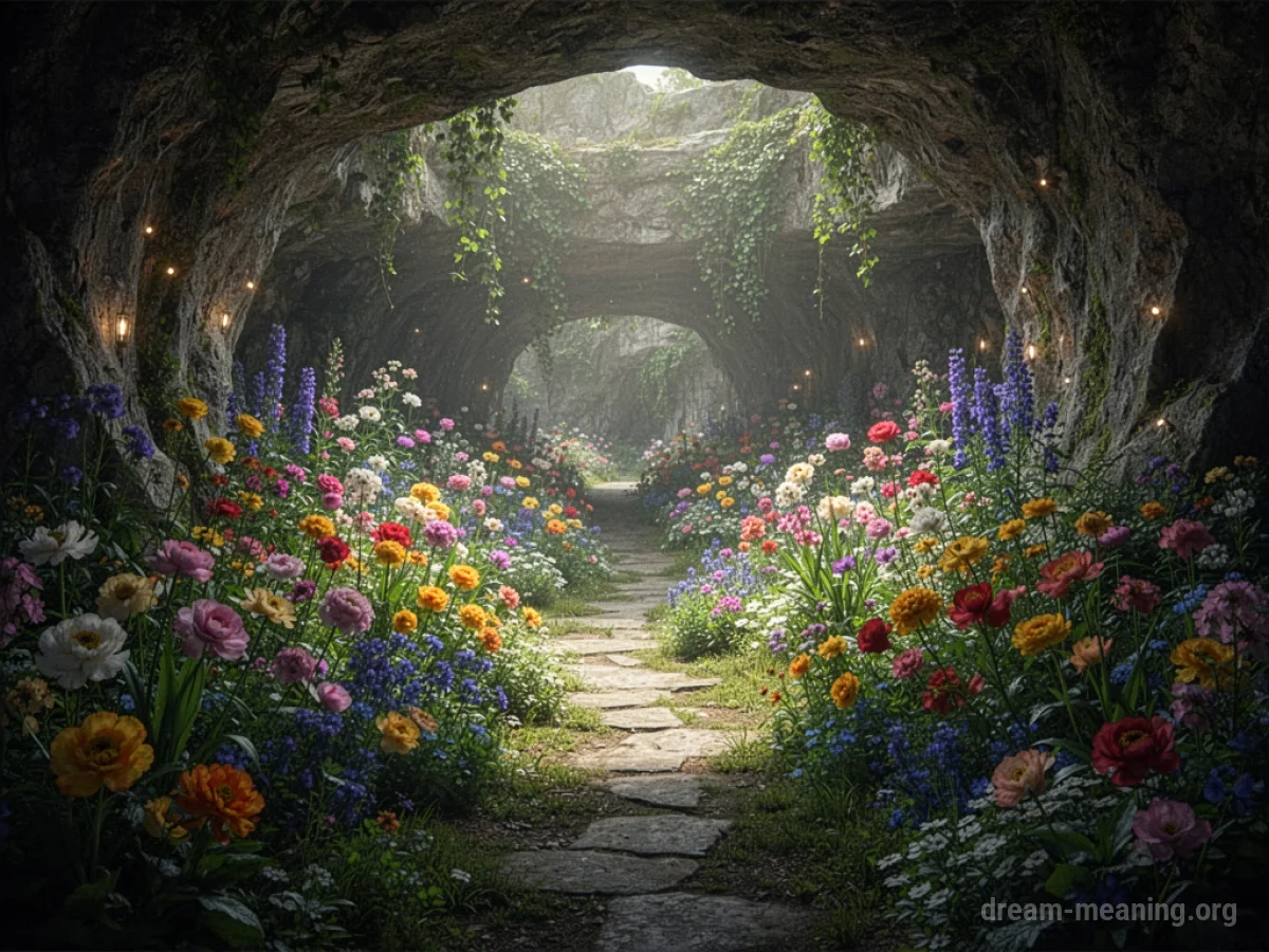 A lush garden with colorful flowers growing in an underground cavern.