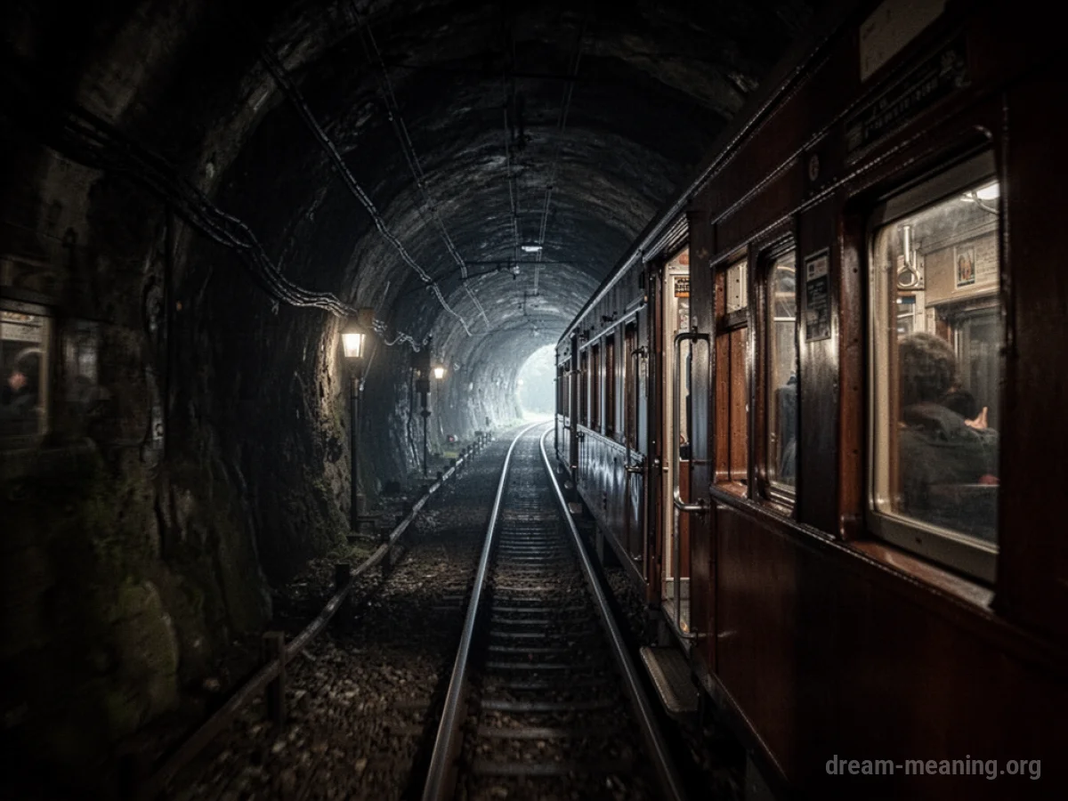 Interior of a train car moving through a dark tunnel.