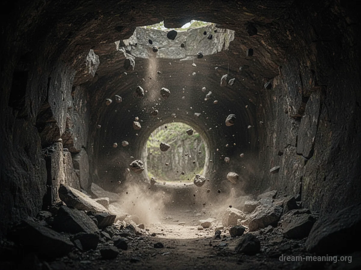 A tunnel interior with the ceiling crumbling and debris falling.