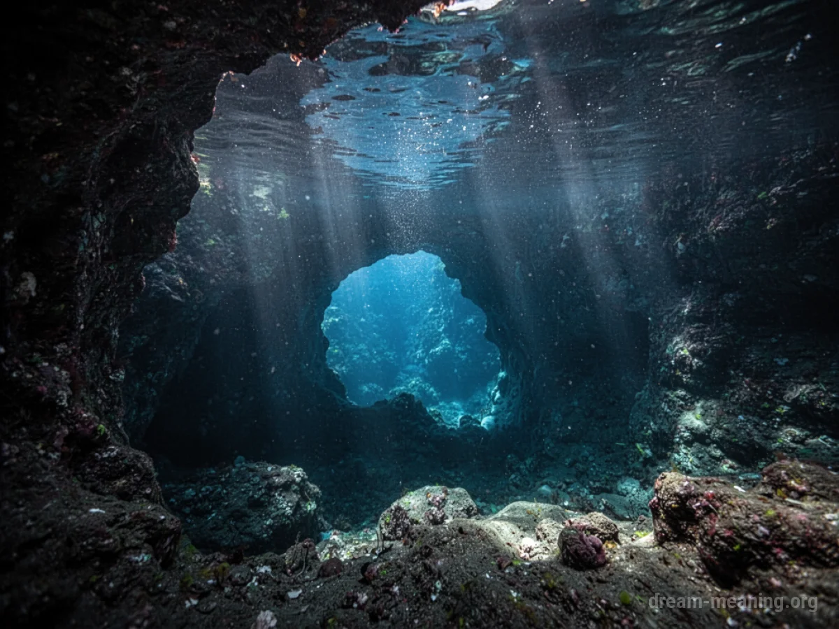 Entrance to a submerged cave with light filtering into the water.