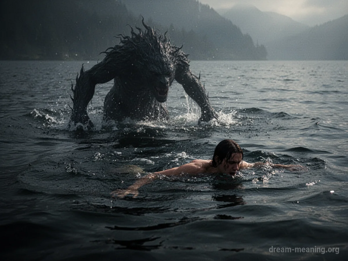 A dark, menacing shape rising from the water towards a silhouette of a person.