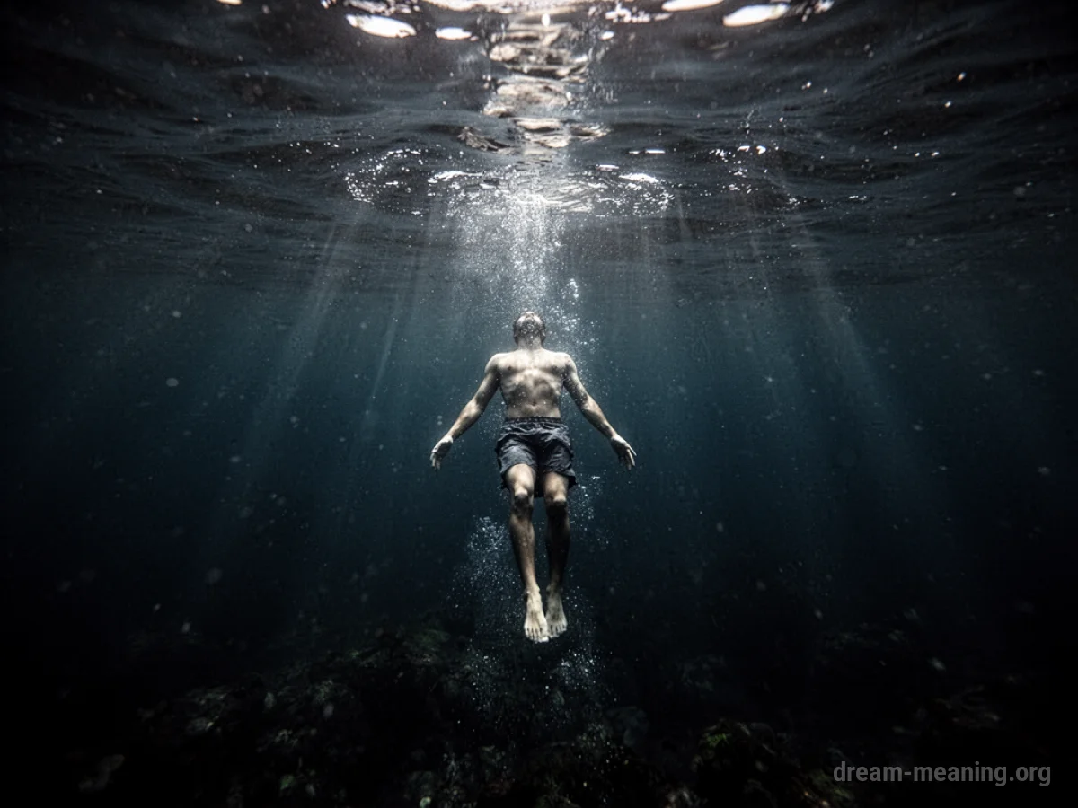 A person swimming upwards from dark water towards a beam of light.