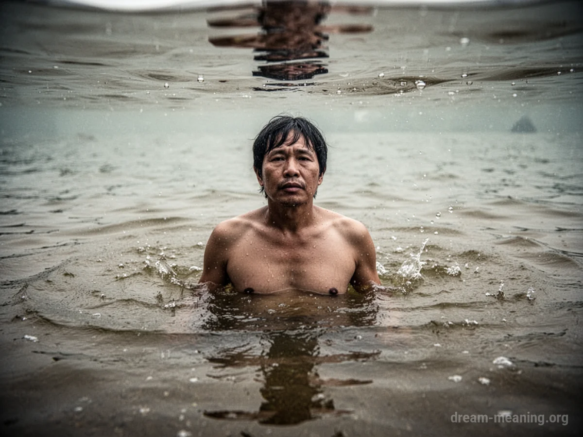 Person submerged in murky water up to their chest.