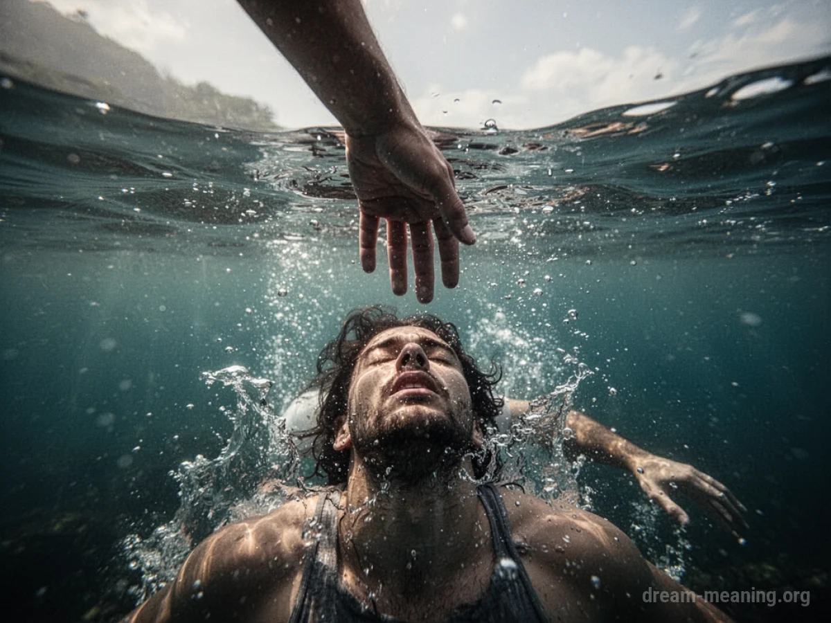 A hand extending from above the water towards a submerged figure.