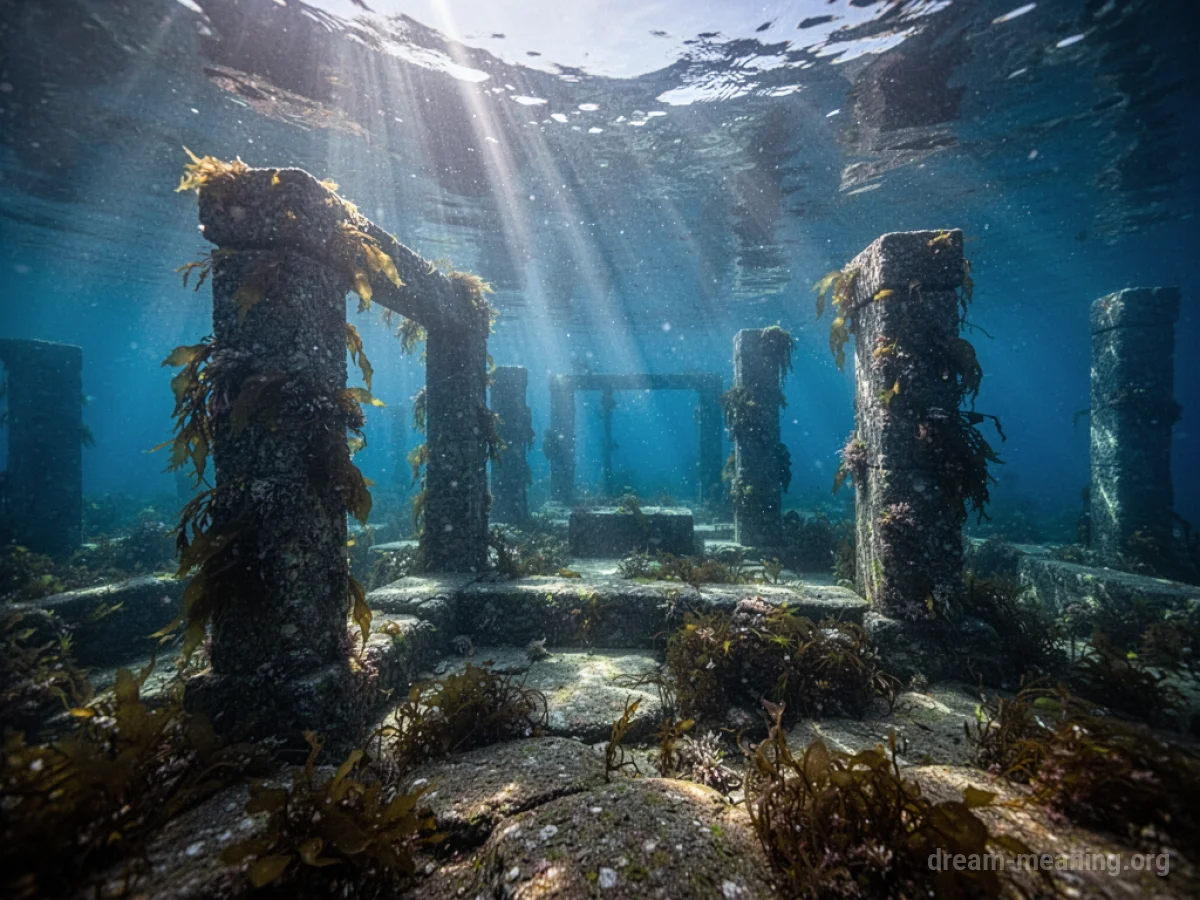 Ancient stone structures covered in seaweed on the seabed.