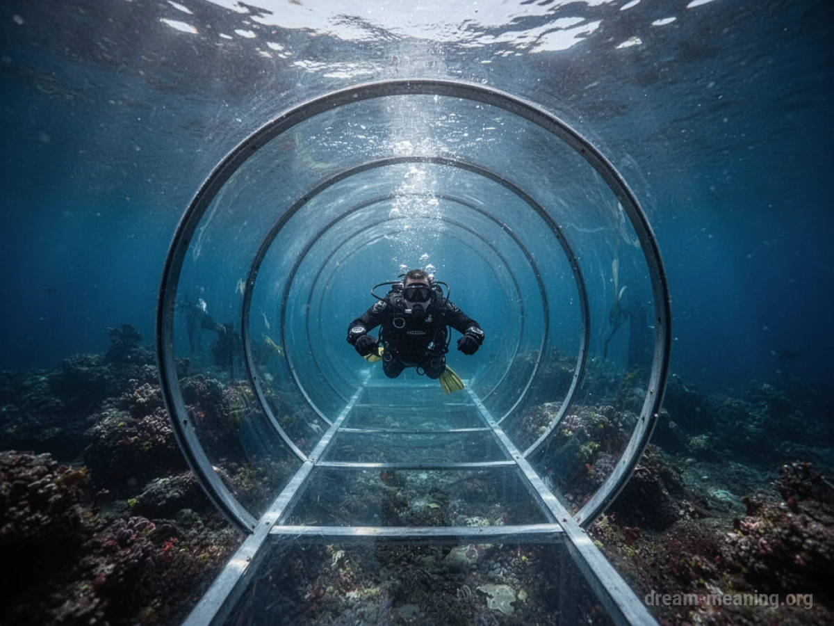 A person swimming inside a clear tunnel submerged underwater.