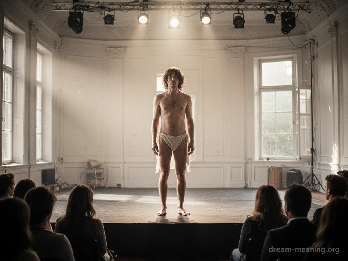A person standing on a stage, partially undressed, facing away from the audience.