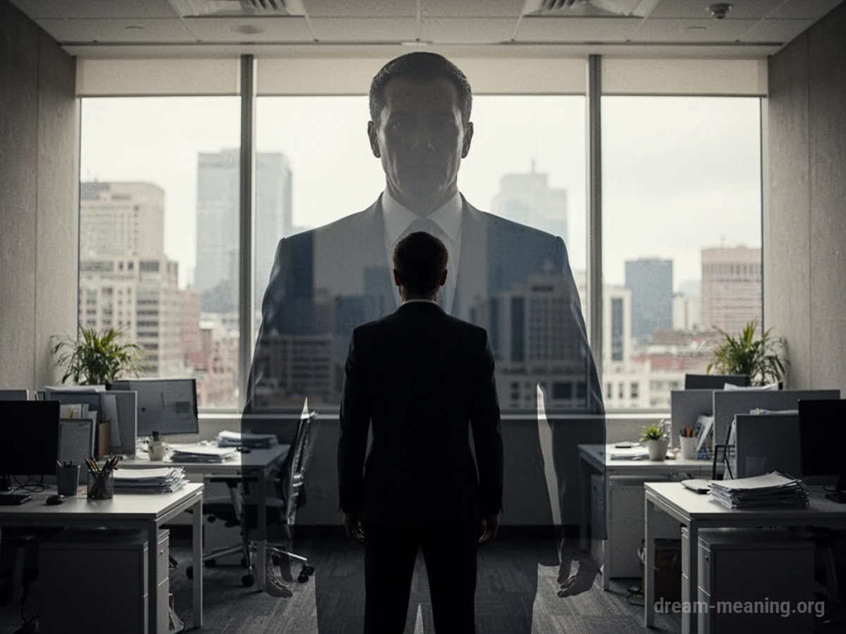 Silhouette of a person facing a large, indistinct figure in an office.