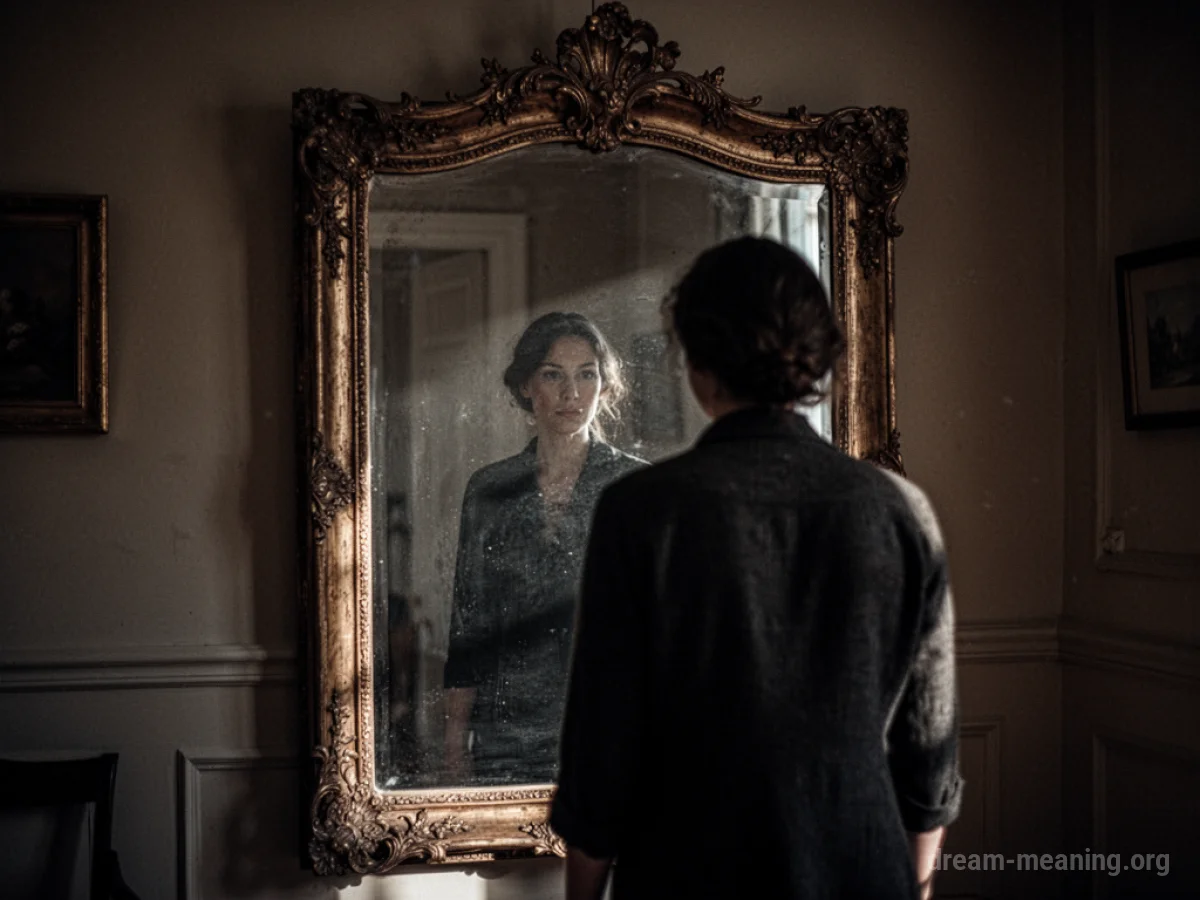 A person's silhouette stands before a large mirror, their reflection unclear.