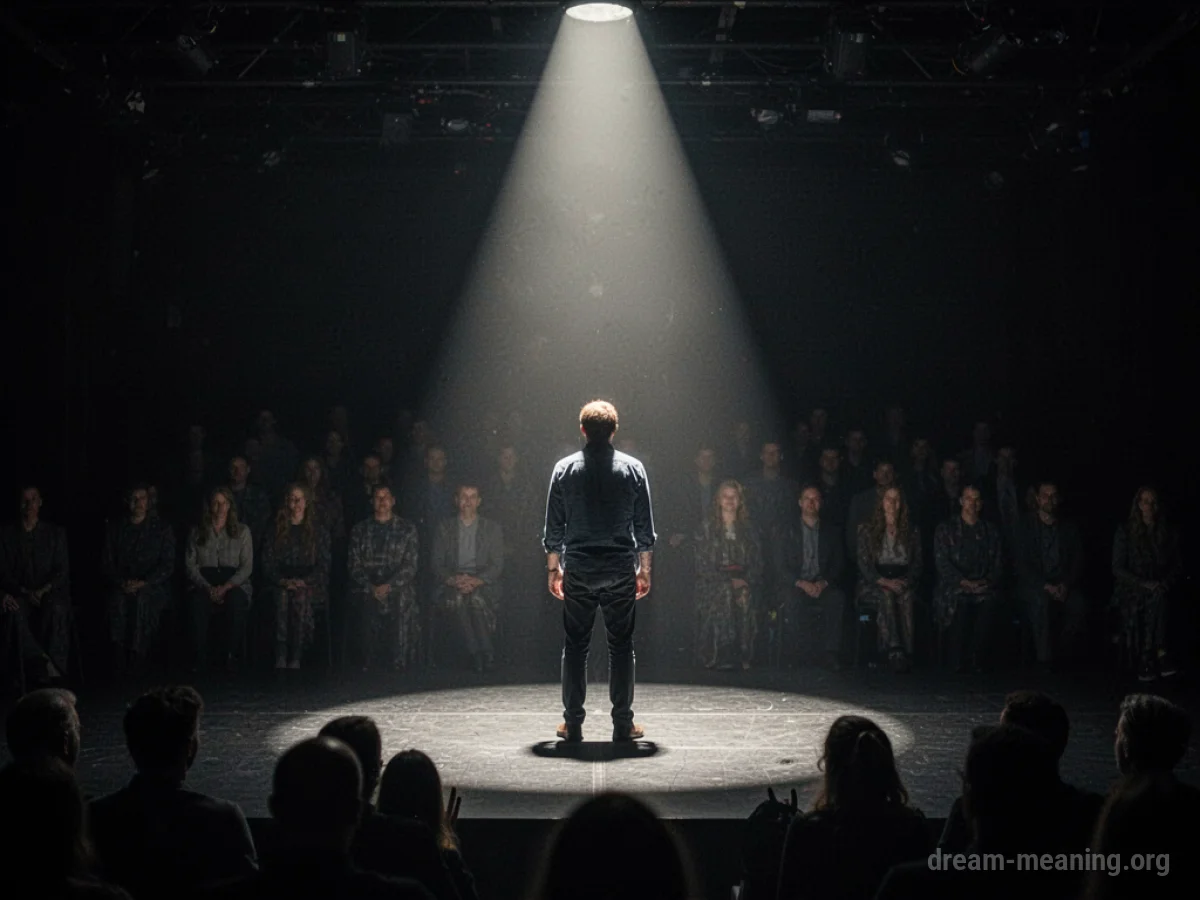 A person stands alone on a stage with a spotlight, facing an audience of indistinct shadows.