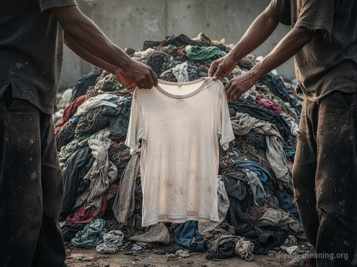 A person reaching for a plain shirt in front of a pile of old clothes.