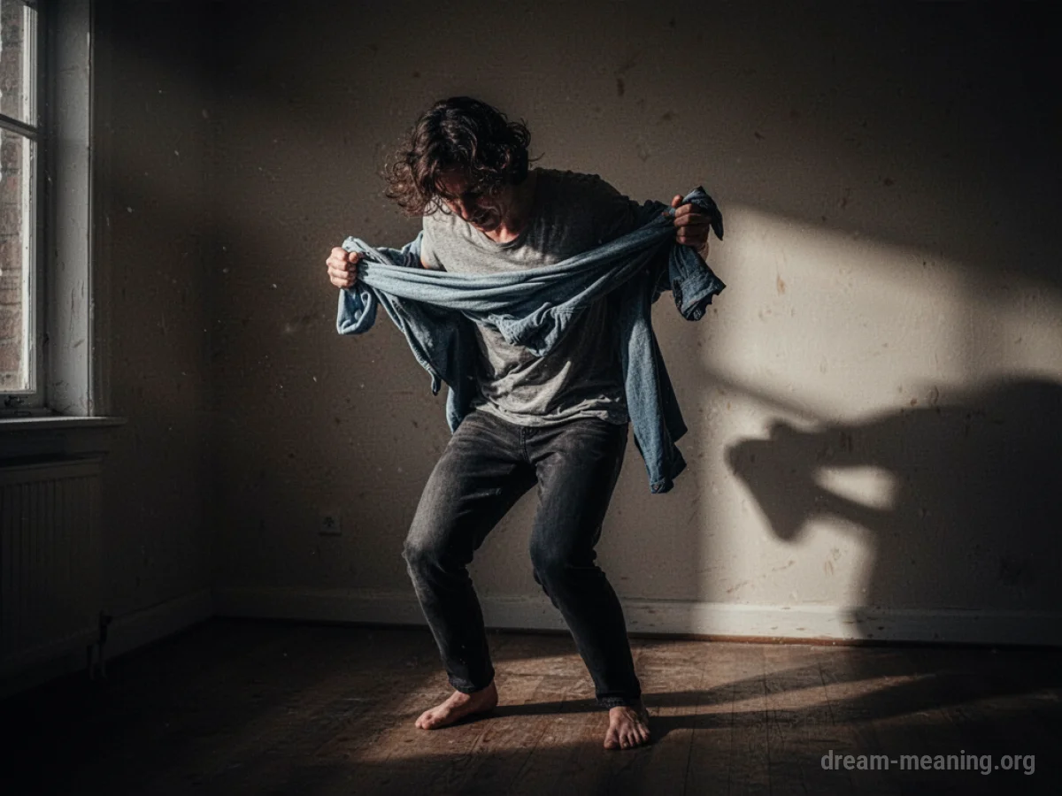 Person quickly taking off clothes in a shadowed room.