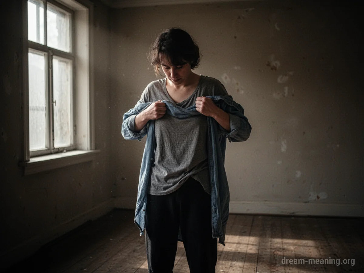 Silhouette of a person in a room, in the process of removing clothing layer by layer.
