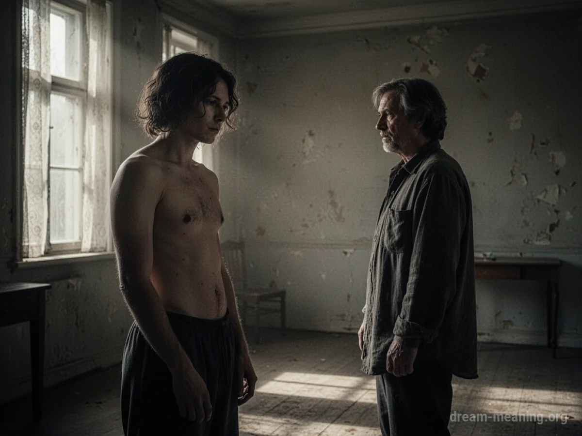 Two figures in a dimly lit room, one partially undressed.