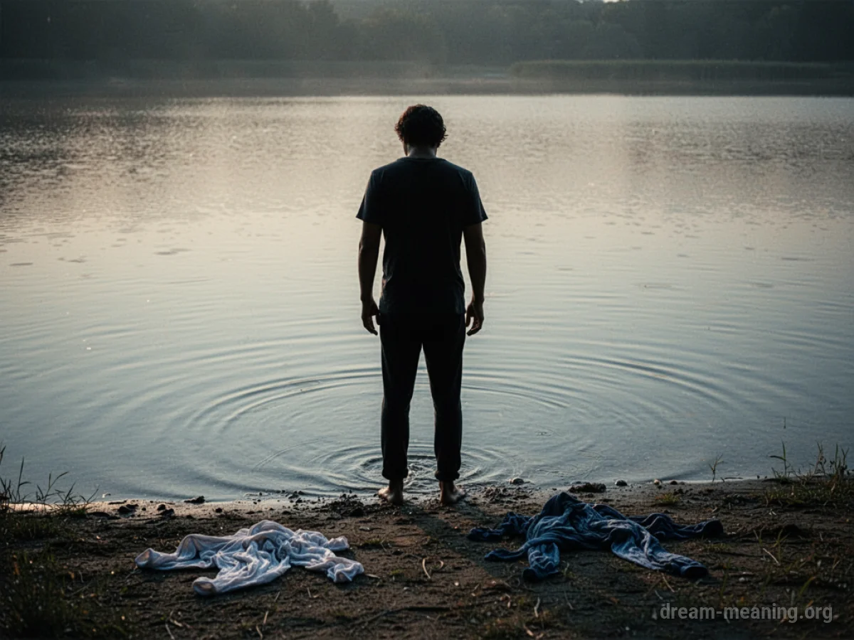 Silhouette of a person near water with clothes on the ground.