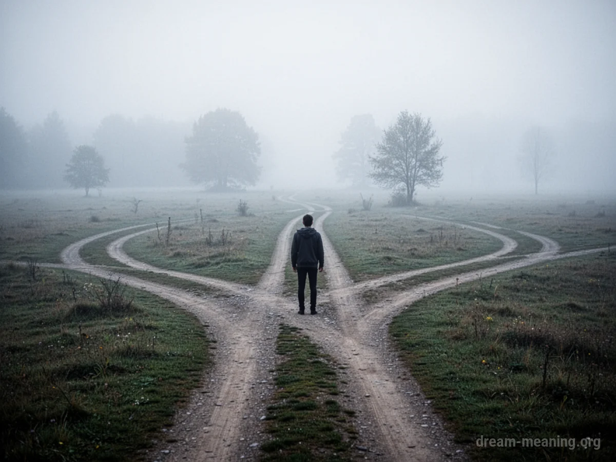 A person stands at a fork in a road leading into fog.