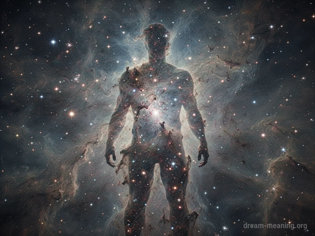 Silhouette of a human figure made of stars and nebulae against a dark background.