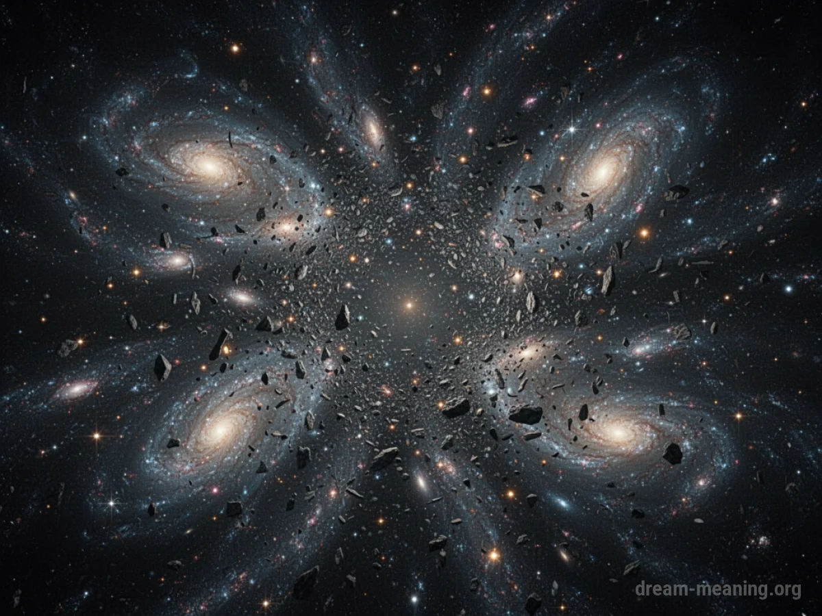 Distant galaxies and stars breaking apart in a dark cosmic void.