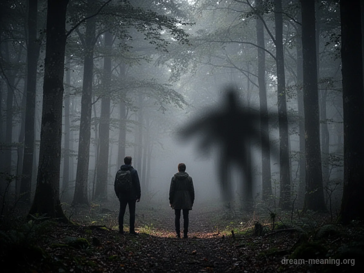A silhouetted figure facing a large, indistinct shadow in a foggy landscape.