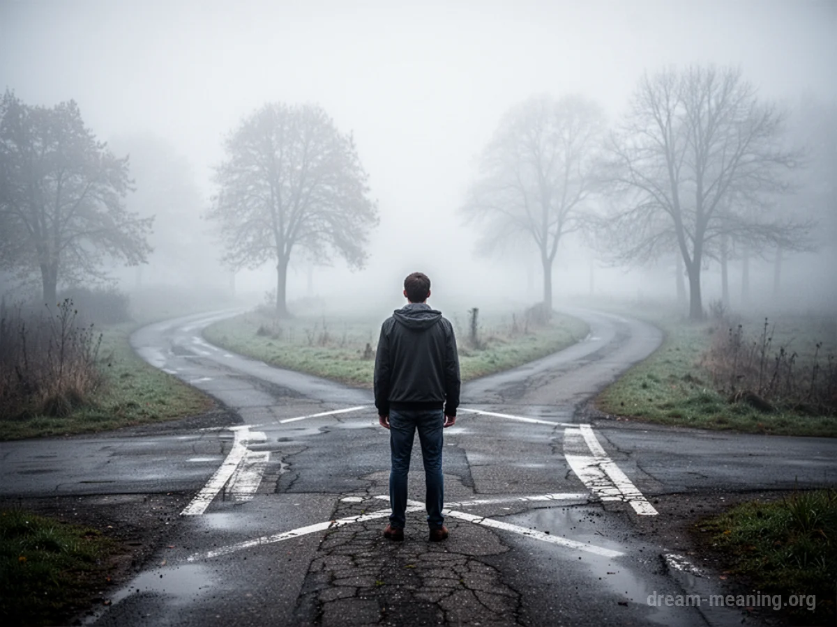 A person stands at a fork in a road, with several paths obscured by fog.