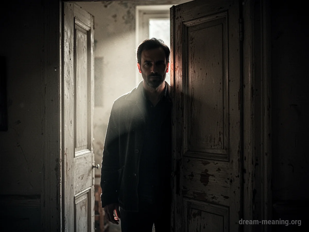 A silhouetted man stands in a dimly lit doorway.