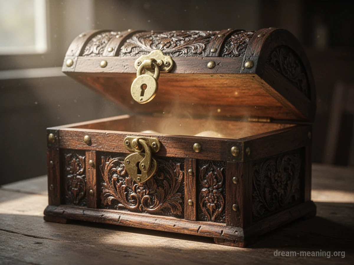 A vintage wooden chest with a glowing interior.