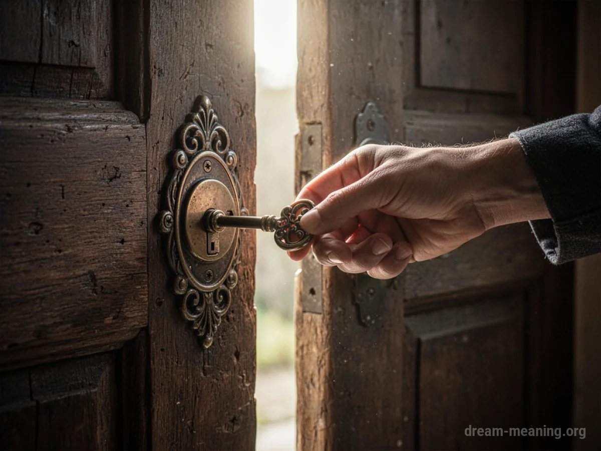 A hand holding a key and turning it in a lock on a wooden door.