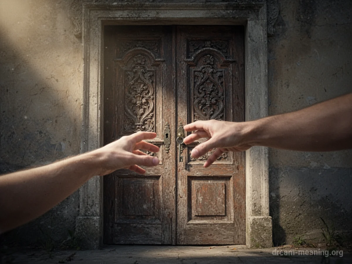 A closed door with a hand reaching for the lock without a key.