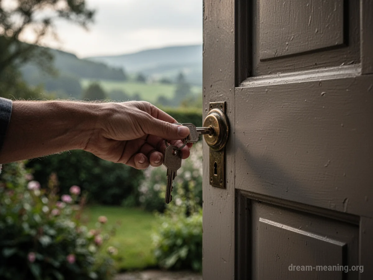 A hand turning a key in an exterior door lock.