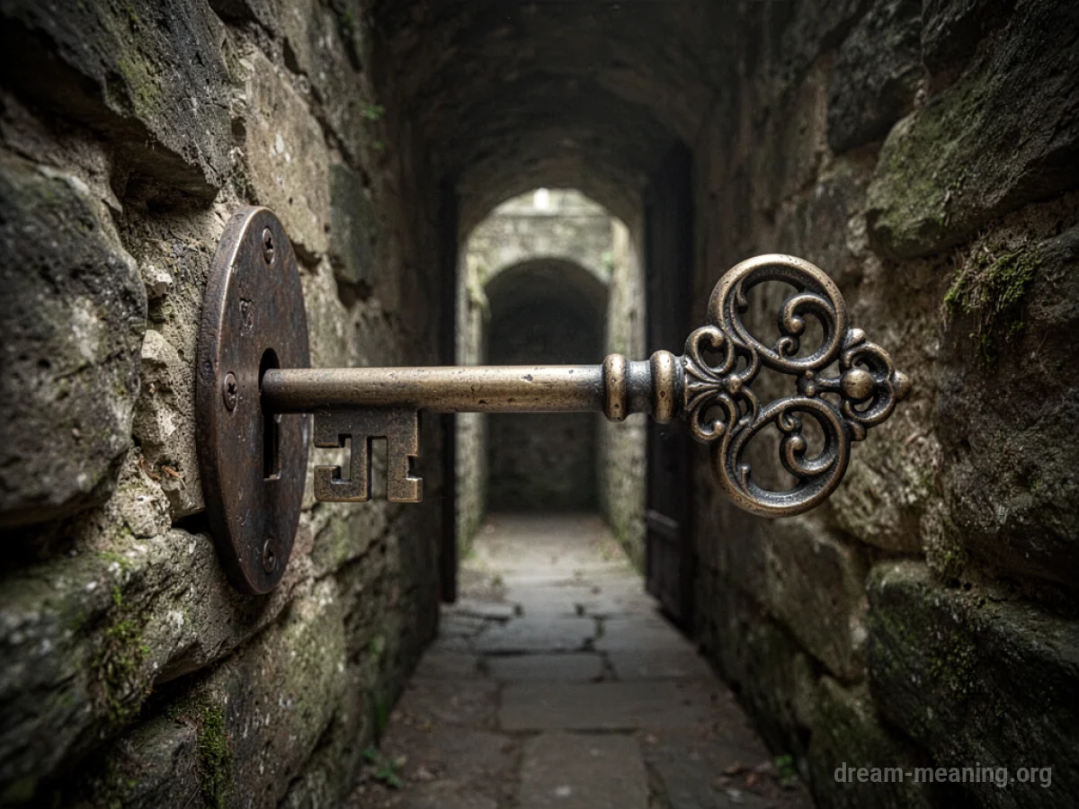 A key turning in a lock on a stone wall, opening to a dark passage.