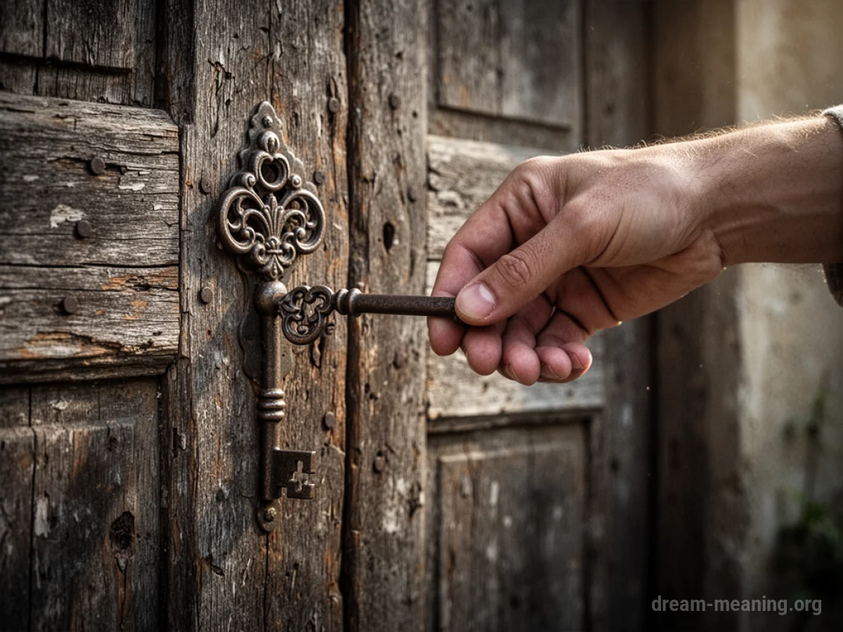 A hand holds an antique key poised before an aged wooden door.