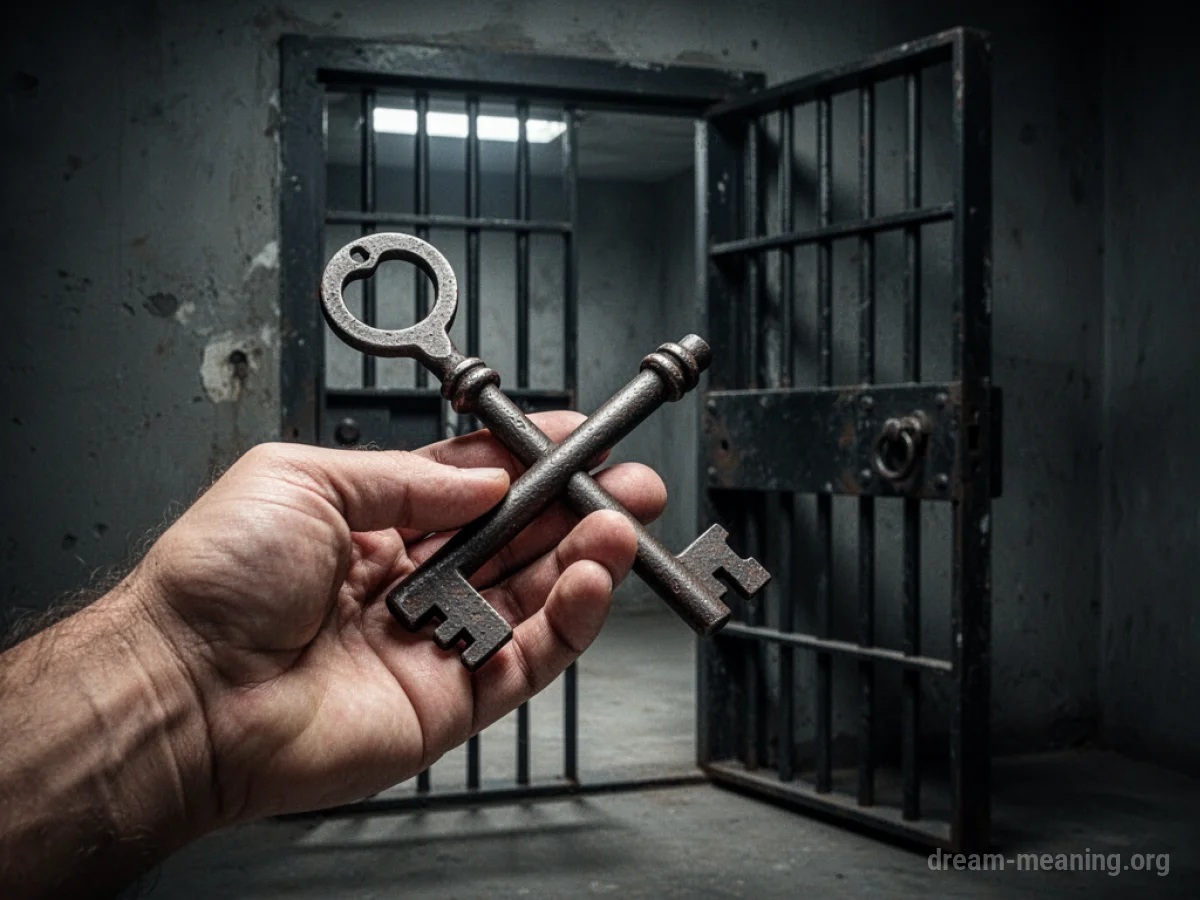 A hand holds a key in front of an open prison cell door.
