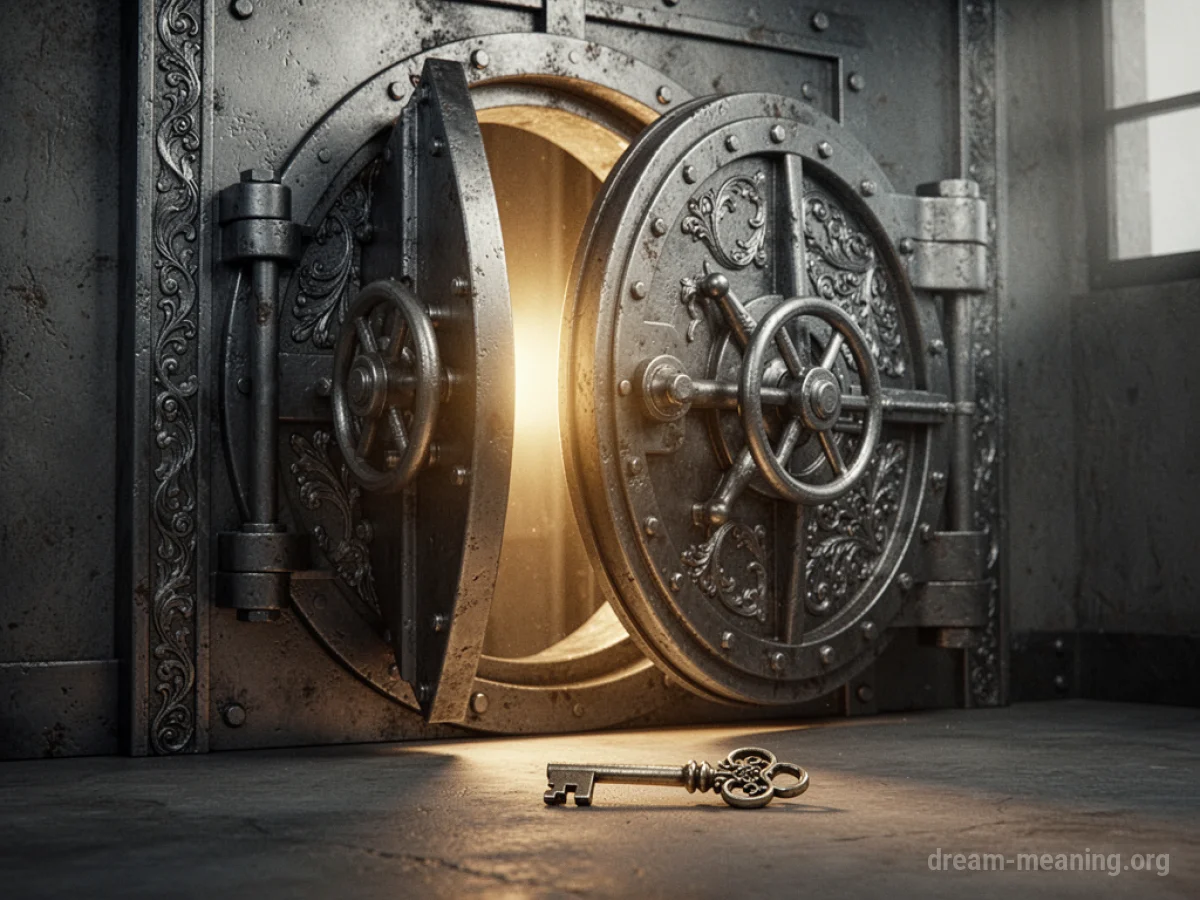 A vault door opening slightly with golden light emerging.