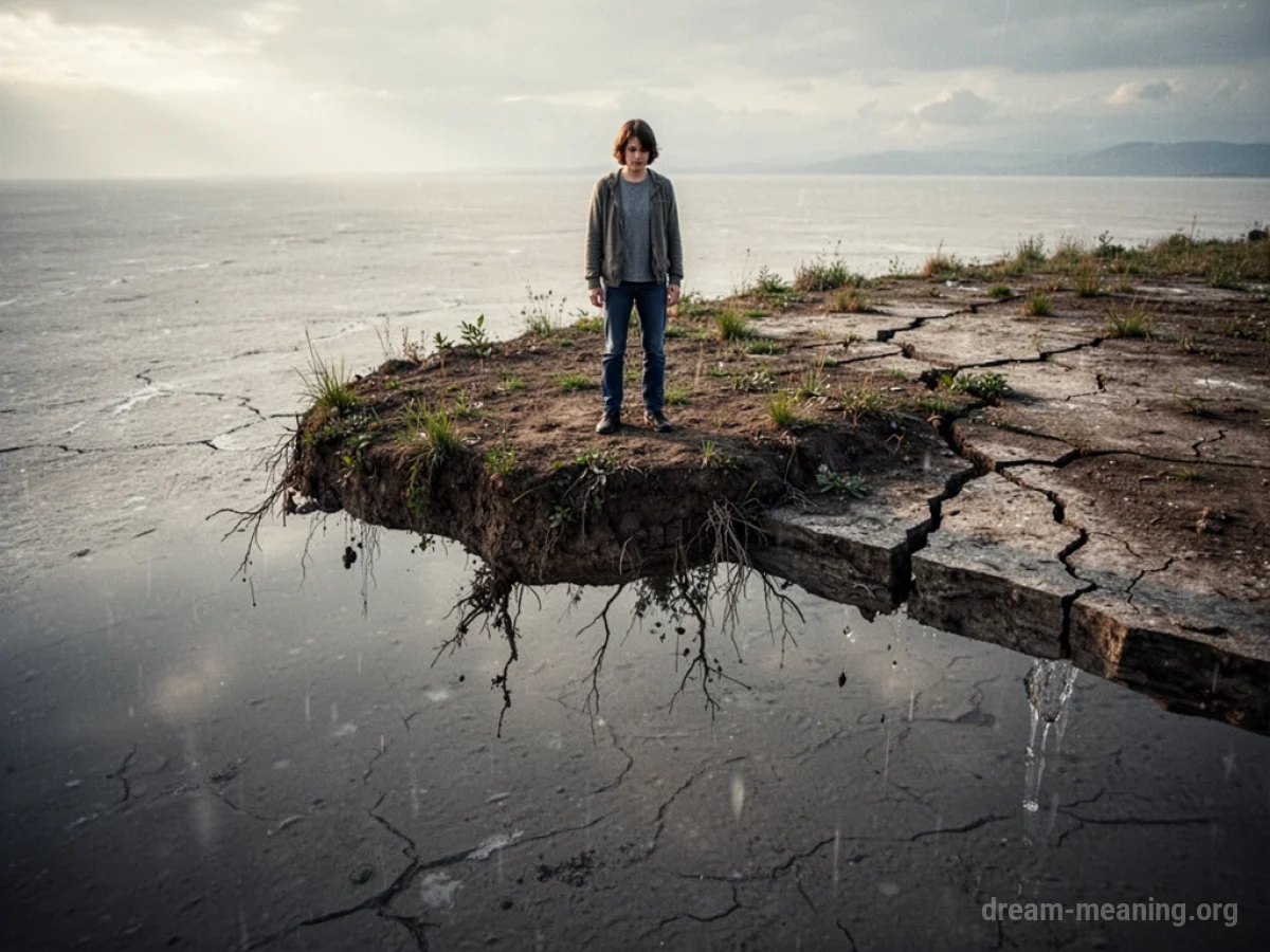 A person standing on a tilting, cracking patch of ground.
