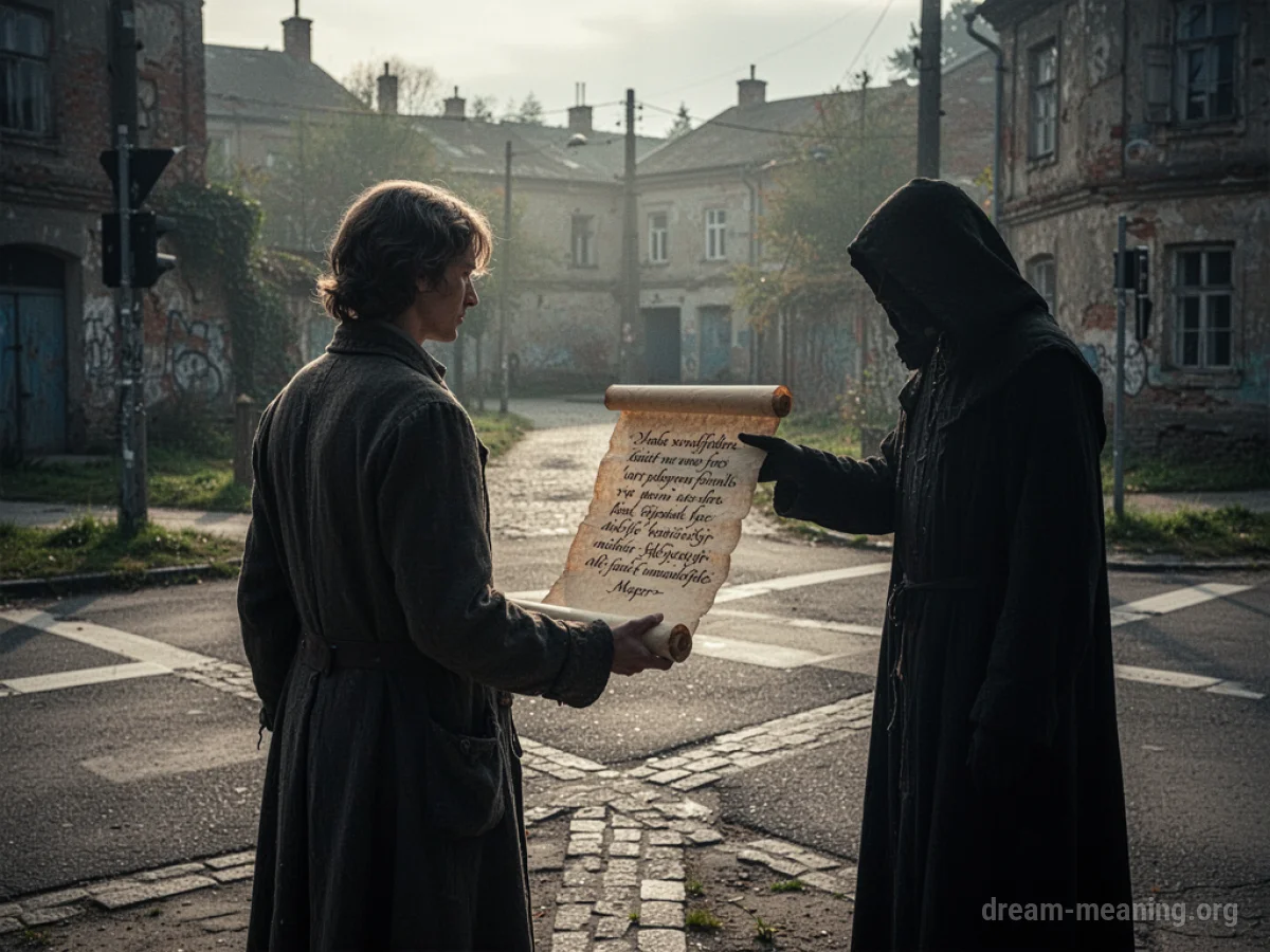Person at a crossroads with a shadowy figure holding an unreadable scroll.