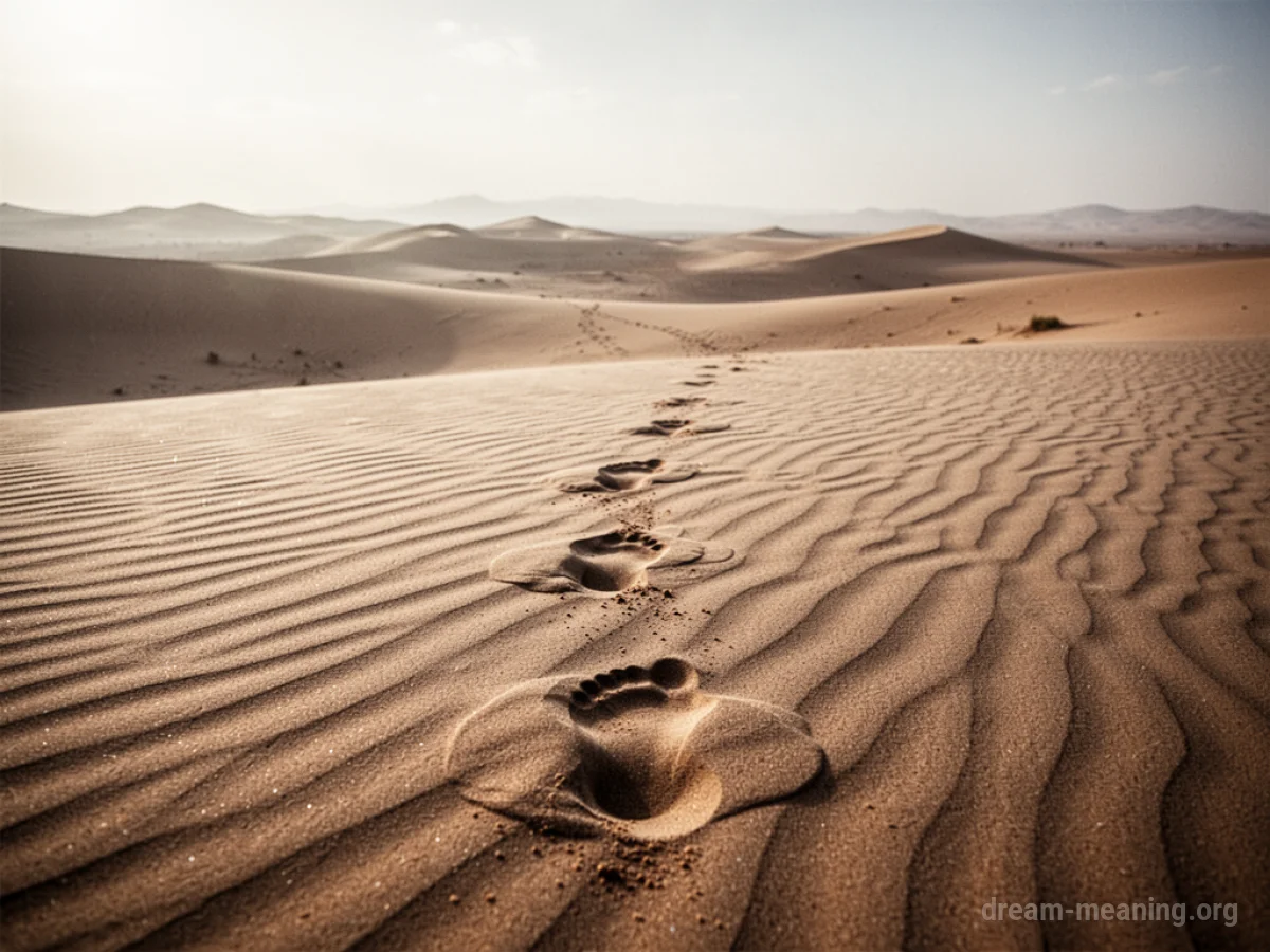 Footprints disappearing into rippling sand dunes.