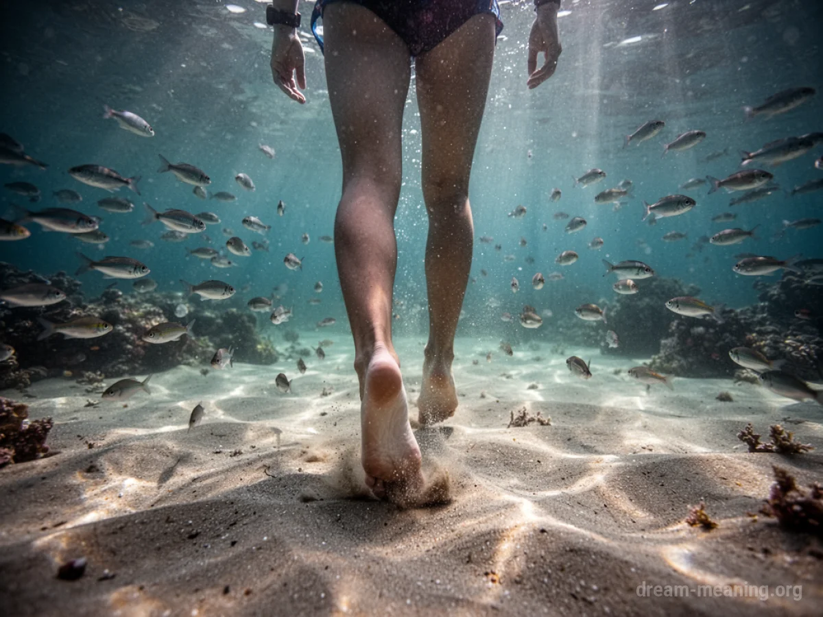 A person walks along the ocean floor with fish swimming nearby.