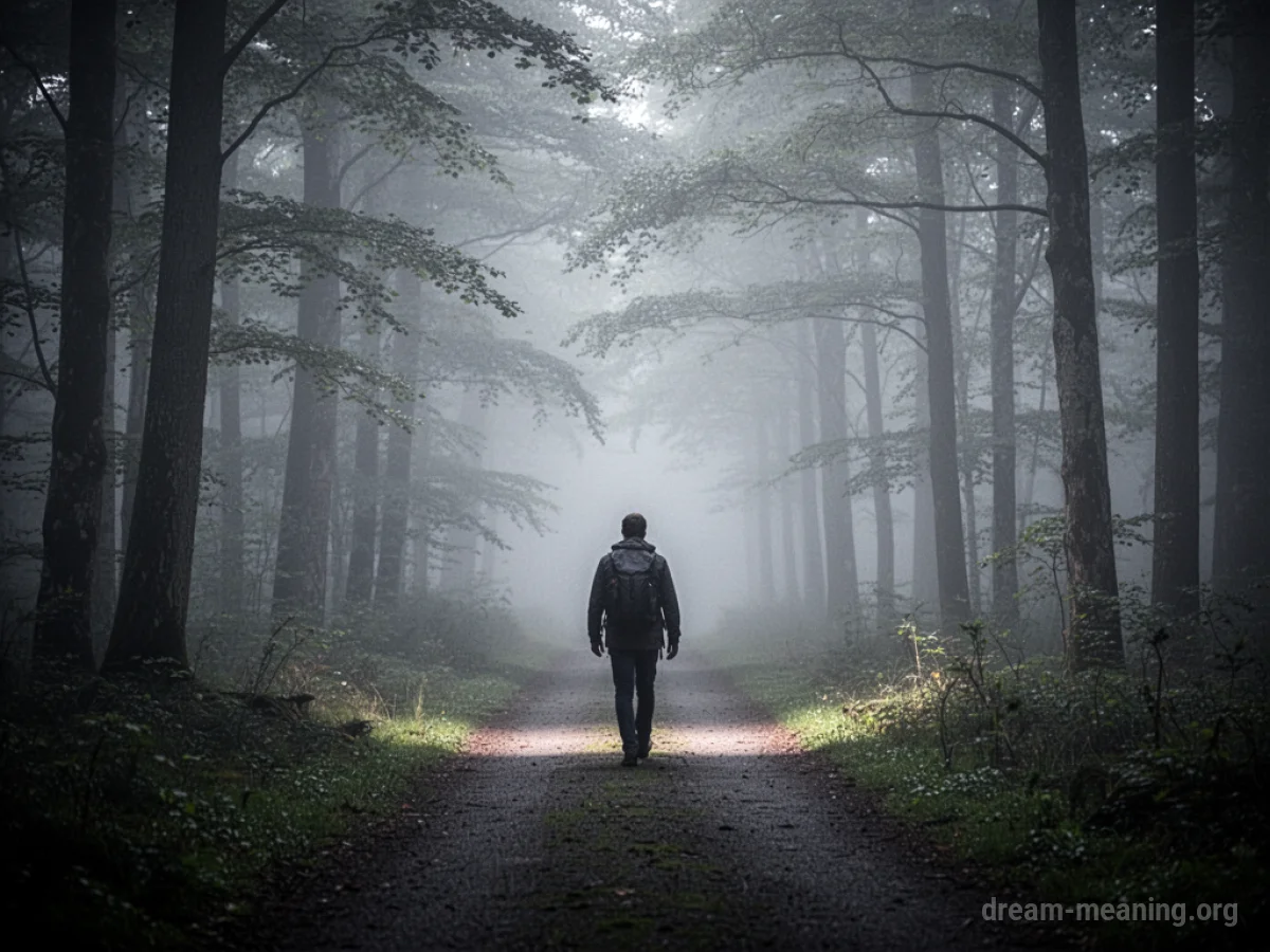 A person walking on a path that leads into a dense, foggy forest.