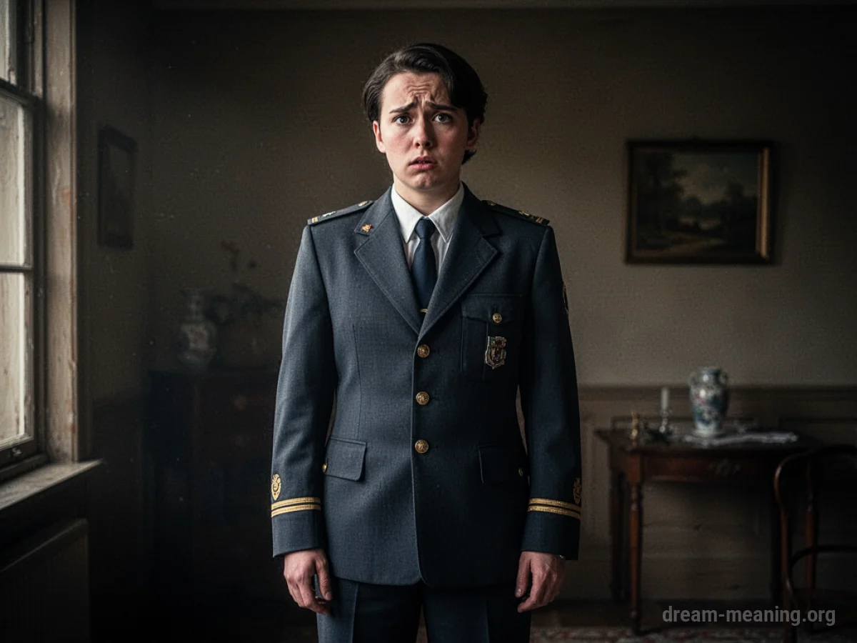A person in an ill-fitting uniform standing in a shadowy space.