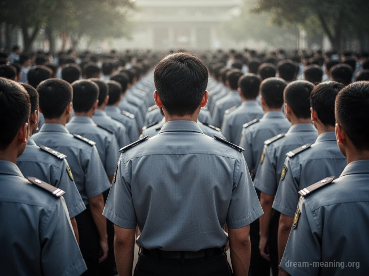 A person in a uniform facing away from the camera, surrounded by others in identical uniforms.