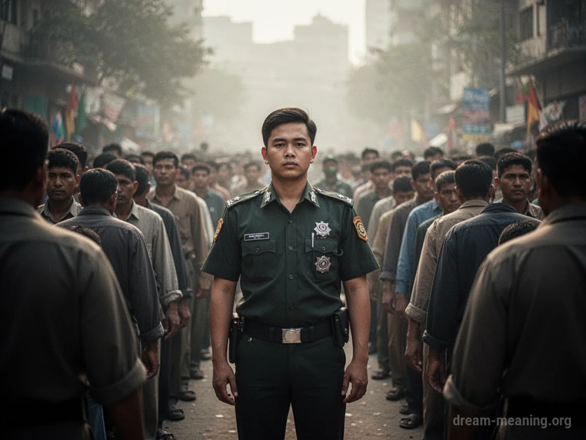 A person in an ill-fitting uniform stands apart from others in matching attire.