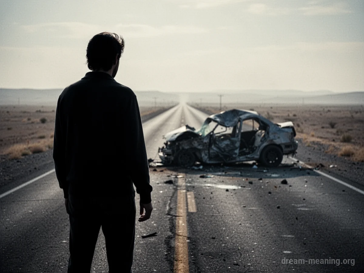A blurred car wreck on a road with a distant silhouette.